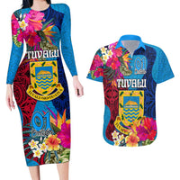 Personalised Tuvalu Independence Day Couples Matching Long Sleeve Bodycon Dress and Hawaiian Shirt 1st October 46th Anniversary Polynesian Jungle Flower LT03 Blue - Polynesian Pride