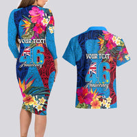 Personalised Tuvalu Independence Day Couples Matching Long Sleeve Bodycon Dress and Hawaiian Shirt 1st October 46th Anniversary Polynesian Jungle Flower LT03 - Polynesian Pride