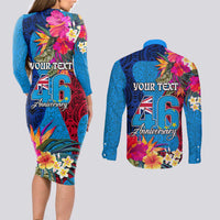 Personalised Tuvalu Independence Day Couples Matching Long Sleeve Bodycon Dress and Long Sleeve Button Shirt 1st October 46th Anniversary Polynesian Jungle Flower LT03 - Polynesian Pride