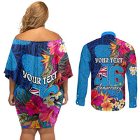 Personalised Tuvalu Independence Day Couples Matching Off Shoulder Short Dress and Long Sleeve Button Shirt 1st October 46th Anniversary Polynesian Jungle Flower LT03 - Polynesian Pride