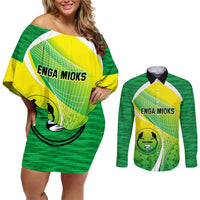 Enga Mioks Rugby Couples Matching Off Shoulder Short Dress and Long Sleeve Button Shirts Papua New Guinea Polynesian Tattoo LT03 Green - Polynesian Pride