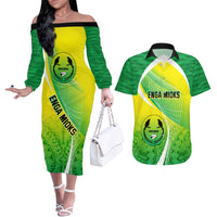 Enga Mioks Rugby Couples Matching Off The Shoulder Long Sleeve Dress and Hawaiian Shirt Papua New Guinea Polynesian Tattoo LT03 Green - Polynesian Pride