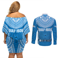 Gulf Isou Rugby Couples Matching Off Shoulder Short Dress and Long Sleeve Button Shirts Papua New Guinea Polynesian Tattoo LT03 - Polynesian Pride