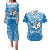 Gulf Isou Rugby Couples Matching Puletasi Dress and Hawaiian Shirt Papua New Guinea Polynesian Tattoo LT03 Blue - Polynesian Pride