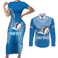 Custom Gulf Isou Rugby Couples Matching Short Sleeve Bodycon Dress and Long Sleeve Button Shirts Papua New Guinea Polynesian Tattoo LT03 Blue - Polynesian Pride
