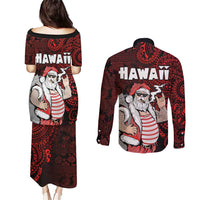 Hawaii Aloha Santa Claus Funny Polynesian Tattoo Couples Matching Puletasi and Long Sleeve Button Shirt Red Color