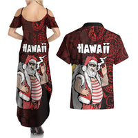 Hawaii Aloha Santa Claus Funny Polynesian Tattoo Couples Matching Summer Maxi Dress and Hawaiian Shirt Red Color