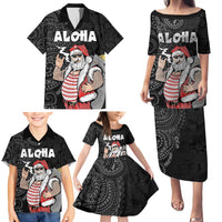 Hawaii Aloha Santa Claus Funny Polynesian Tattoo Family Matching Puletasi and Hawaiian Shirt Black Color