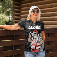 Hawaii Aloha Santa Claus Funny Polynesian Tattoo Women Polo Shirt Black Color