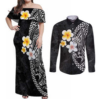 Hawaiian Hibiscus and Plumeria Polynesian Tribal Tattoo Couples Matching Off Shoulder Maxi Dress and Long Sleeve Button Shirt Black Color