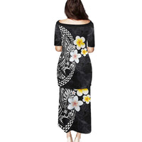 Hawaiian Hibiscus and Plumeria Polynesian Tribal Tattoo Family Matching Puletasi and Hawaiian Shirt Black Color