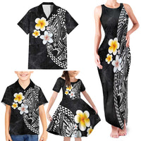 Hawaiian Hibiscus and Plumeria Polynesian Tribal Tattoo Family Matching Tank Maxi Dress and Hawaiian Shirt Black Color