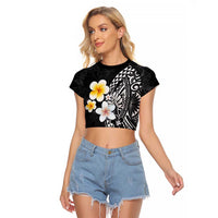 Hawaiian Hibiscus and Plumeria Polynesian Tribal Tattoo Raglan Cropped T Shirt Black Color LT03 Female Black - Polynesian Pride