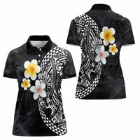 Hawaiian Hibiscus and Plumeria Polynesian Tribal Tattoo Women Polo Shirt Black Color