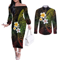 Hawaiian Hibiscus and Plumeria Polynesian Tribal Tattoo Couples Matching Off The Shoulder Long Sleeve Dress and Long Sleeve Button Shirt Reggae Color