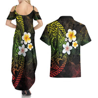 Hawaiian Hibiscus and Plumeria Polynesian Tribal Tattoo Couples Matching Summer Maxi Dress and Hawaiian Shirt Reggae Color