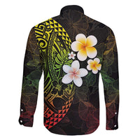 Hawaiian Hibiscus and Plumeria Polynesian Tribal Tattoo Family Matching Long Sleeve Bodycon Dress and Hawaiian Shirt Reggae Color