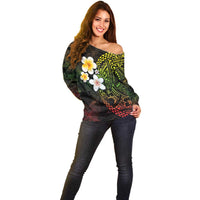 Hawaiian Hibiscus and Plumeria Polynesian Tribal Tattoo Off Shoulder Sweater Reggae Color