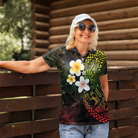 Hawaiian Hibiscus and Plumeria Polynesian Tribal Tattoo Women Polo Shirt Reggae Color