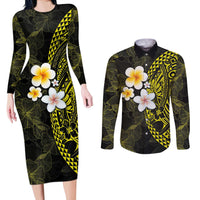Hawaiian Hibiscus and Plumeria Polynesian Tribal Tattoo Couples Matching Long Sleeve Bodycon Dress and Long Sleeve Button Shirt Yellow Color