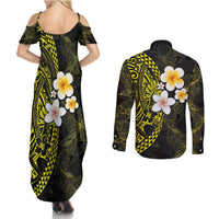 Hawaiian Hibiscus and Plumeria Polynesian Tribal Tattoo Couples Matching Summer Maxi Dress and Long Sleeve Button Shirt Yellow Color