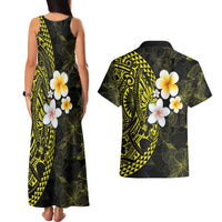 Hawaiian Hibiscus and Plumeria Polynesian Tribal Tattoo Couples Matching Tank Maxi Dress and Hawaiian Shirt Yellow Color