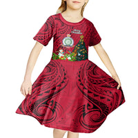 Niue Christmas Kid Short Sleeve Dress Coat of Arms and Polynesian Tattoo Xmas Element Christmas Red Vibe LT03 - Polynesian Pride