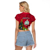 Niue Christmas Raglan Cropped T Shirt Coat of Arms and Polynesian Tattoo Xmas Element Christmas Red Vibe LT03 - Polynesian Pride