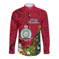 Personalised Niue Christmas Long Sleeve Button Shirt Coat of Arms and Polynesian Tattoo Xmas Element Christmas Red Vibe LT03 Unisex Red - Polynesian Pride