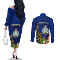 Niue Christmas Couples Matching Off The Shoulder Long Sleeve Dress and Long Sleeve Button Shirt Coat of Arms and Polynesian Tattoo Xmas Element Christmas Blue Vibe LT03 - Polynesian Pride