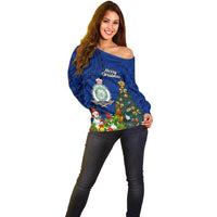 Niue Christmas Off Shoulder Sweater Coat of Arms and Polynesian Tattoo Xmas Element Christmas Blue Vibe LT03 - Polynesian Pride