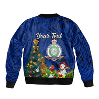 Personalised Niue Christmas Bomber Jacket Coat of Arms and Polynesian Tattoo Xmas Element Christmas Blue Vibe LT03 - Polynesian Pride