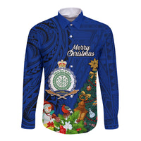 Personalised Niue Christmas Long Sleeve Button Shirt Coat of Arms and Polynesian Tattoo Xmas Element Christmas Blue Vibe LT03 Unisex Blue - Polynesian Pride