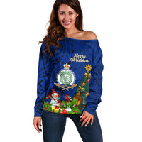 Personalised Niue Christmas Off Shoulder Sweater Coat of Arms and Polynesian Tattoo Xmas Element Christmas Blue Vibe LT03 Women Blue - Polynesian Pride