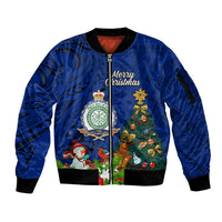 Personalised Niue Christmas Sleeve Zip Bomber Jacket Coat of Arms and Polynesian Tattoo Xmas Element Christmas Blue Vibe LT03 Unisex Blue - Polynesian Pride