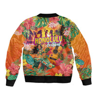 Hawaiian Honolulu Festival Bomber Jacket Hawaiian Identity - Hula Dancer and Ukulele Tropical Plants Style