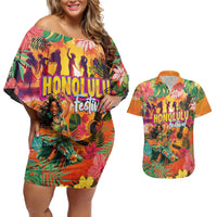 Hawaiian Honolulu Festival Couples Matching Off Shoulder Short Dress and Hawaiian Shirt Hawaiian Identity - Hula Dancer and Ukulele Tropical Plants Style