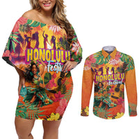 Hawaiian Honolulu Festival Couples Matching Off Shoulder Short Dress and Long Sleeve Button Shirt Hawaiian Identity - Hula Dancer and Ukulele Tropical Plants Style
