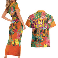 Hawaiian Honolulu Festival Couples Matching Short Sleeve Bodycon Dress and Hawaiian Shirt Hawaiian Identity - Hula Dancer and Ukulele Tropical Plants Style