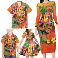 Hawaiian Honolulu Festival Family Matching Long Sleeve Bodycon Dress and Hawaiian Shirt Hawaiian Identity - Hula Dancer and Ukulele Tropical Plants Style