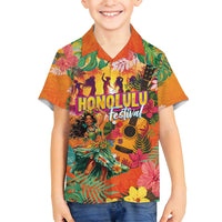 Hawaiian Honolulu Festival Family Matching Off Shoulder Maxi Dress and Hawaiian Shirt Hawaiian Identity - Hula Dancer and Ukulele Tropical Plants Style