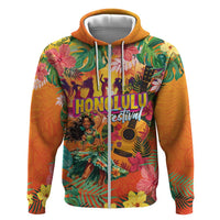 Hawaiian Honolulu Festival Zip Hoodie Hawaiian Identity - Hula Dancer and Ukulele Tropical Plants Style LT03 Zip Hoodie Orange - Polynesian Pride