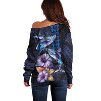 Hawaiian Whales Love Couple Off Shoulder Sweater Hibiscus and Kakau Art Tattoo Night Sky Vibe