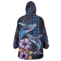 Hawaiian Whales Love Couple Wearable Blanket Hoodie Hibiscus and Kakau Art Tattoo Night Sky Vibe