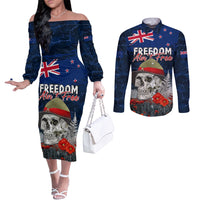 New Zealand ANZAC Day Couples Matching Off The Shoulder Long Sleeve Dress and Long Sleeve Button Shirt Freedom Ain't Free LT05 Blue - Polynesian Pride
