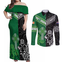 New Zealand And Ireland Rugby Custom Couples Matching Off Shoulder Maxi Dress and Long Sleeve Button Shirt Maori Tiki With Shamrock LT05 Black - Polynesian Pride