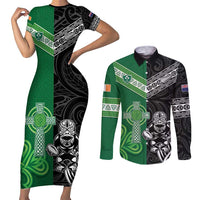 New Zealand And Ireland Rugby Custom Couples Matching Short Sleeve Bodycon Dress and Long Sleeve Button Shirt Maori Tiki With Shamrock