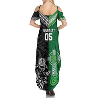 New Zealand And Ireland Rugby Custom Family Matching Summer Maxi Dress and Hawaiian Shirt Maori Tiki With Shamrock