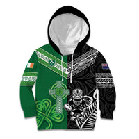 New Zealand And Ireland Rugby Custom Kid Hoodie Maori Tiki With Shamrock