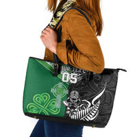 New Zealand And Ireland Rugby Custom Leather Tote Bag Maori Tiki With Shamrock